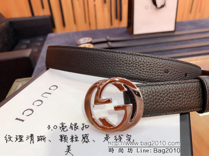 GUCCI古馳 官網爆款 正品規格 原單品質 togo荔枝紋牛皮 雙G亮面銀色扣 男士皮帶  xfp1078